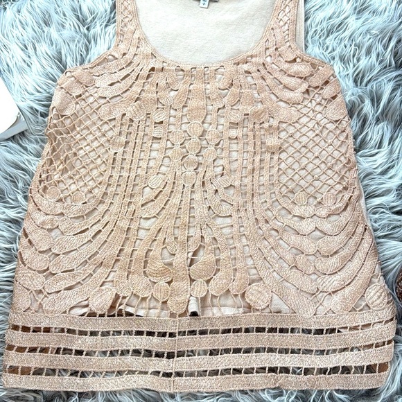 EXPRESS Vintage Y2K Elegant Beige with Metallic gold threaded crochet Top - Picture 6 of 9